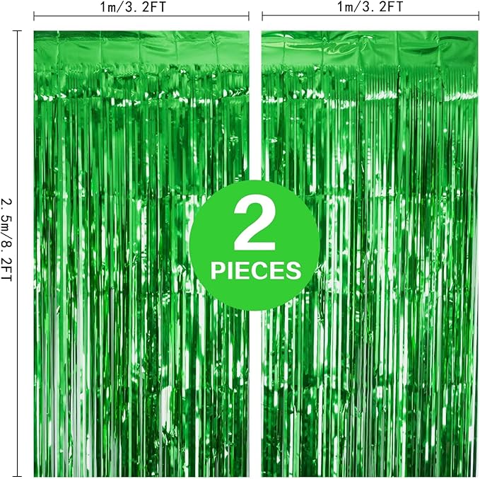 2 Pack Green Tinsel Curtain Party Backdrop, 3.2Ft x 8.2Ft Metallic