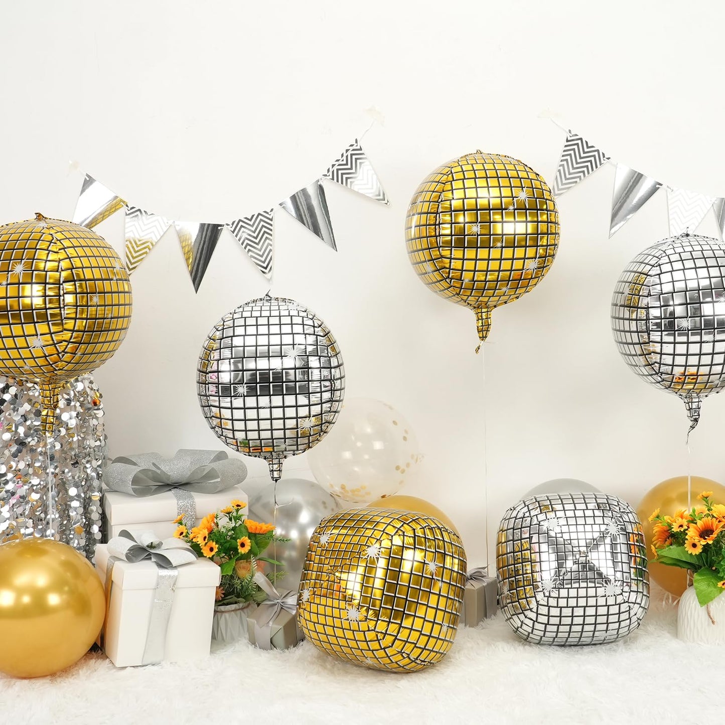 Disco Ball Balloons Gold Silver 4PC,Foil Disco Balloons 22 Inch 4D