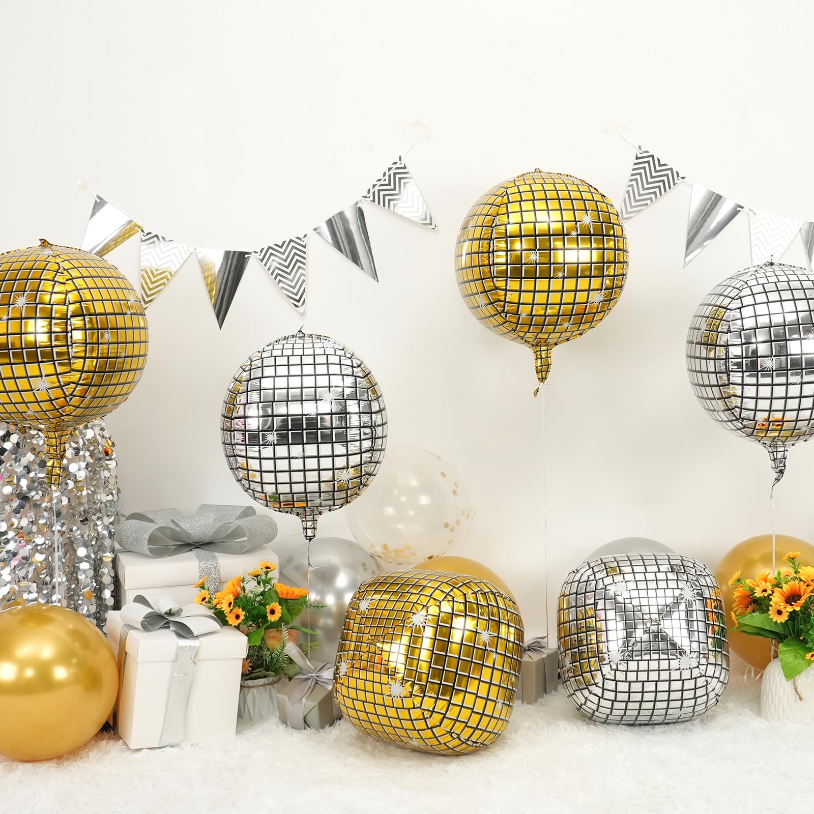 Disco Ball Balloons Gold Silver 4PC,Foil Disco Balloons 22 Inch 4D