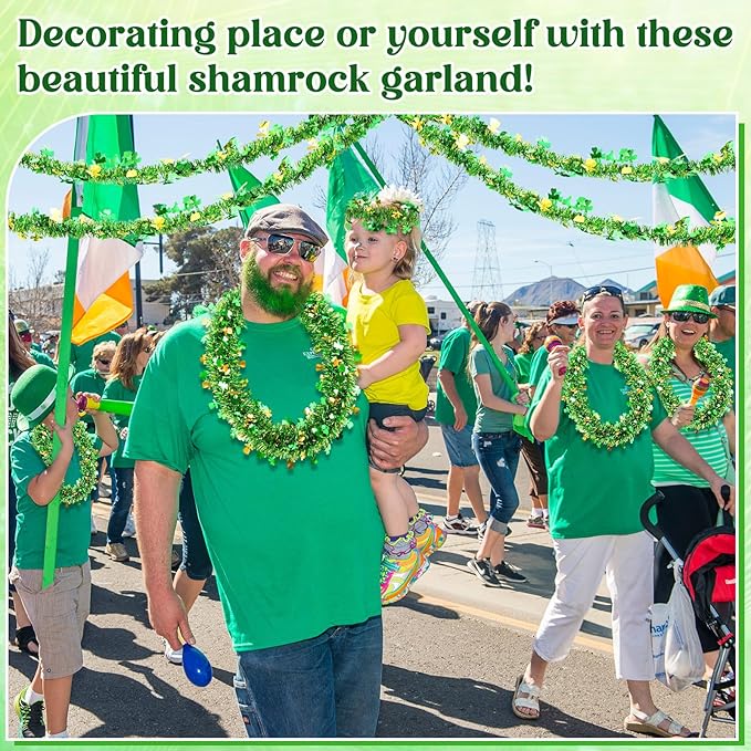 52 Feet St Patrick's Day Tinsel Garland Shamrock Glitter Metallic