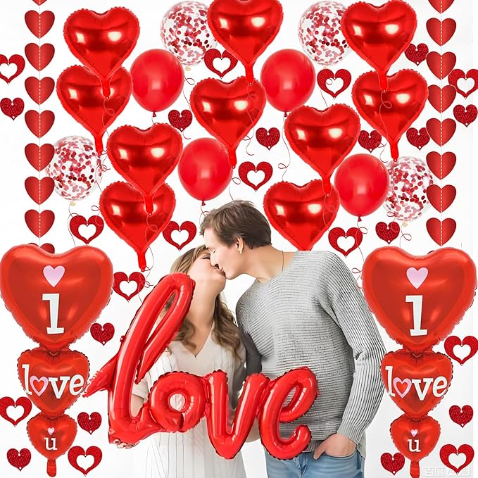 Valentines Day Decorations with I Love You and Red Heart Foil
