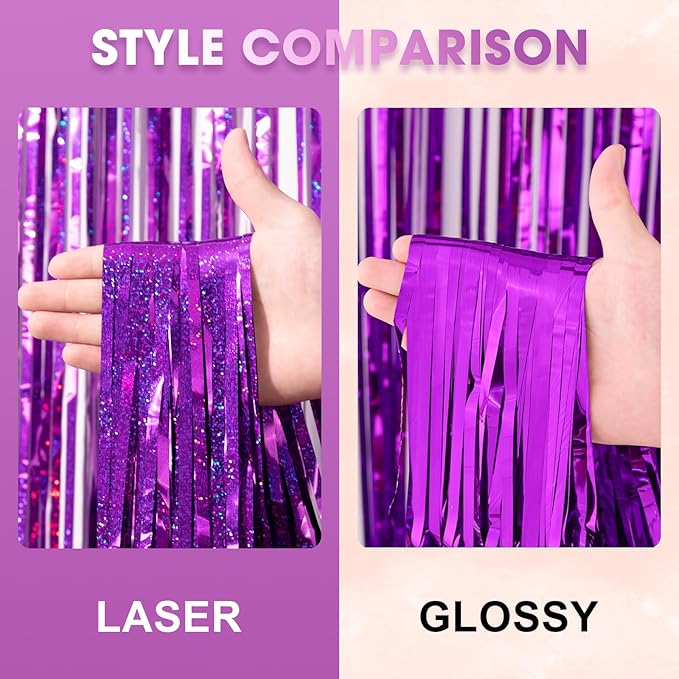 Voircoloria 3 Pack 3.3 x 8.2 ft Laser Purple Foil Fringe Backdrop