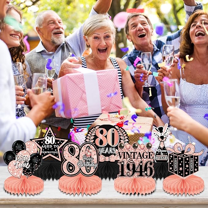 80th Birthday Decorations for Women - 9pcs Rose Gold 80 Party