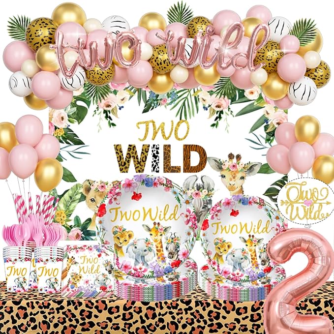 231 PCs Two Wild Birthday Decorations Girl Hombae Jungle Safari