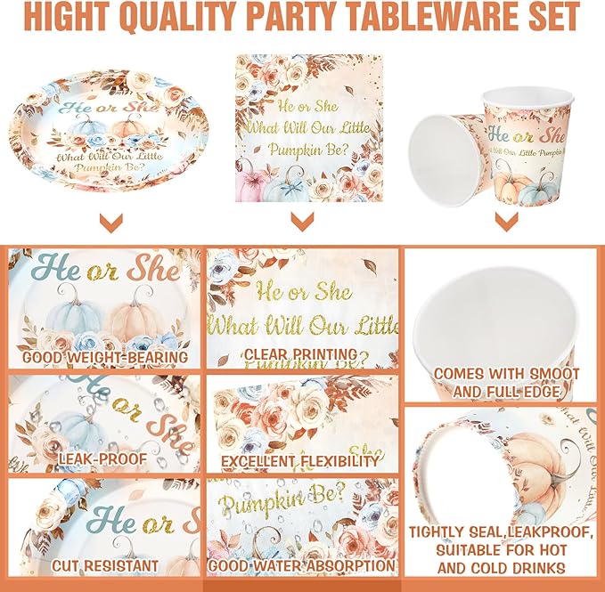 200 Pcs Fall Pumpkin Gender Reveal Baby Shower Paper Plates Napkins