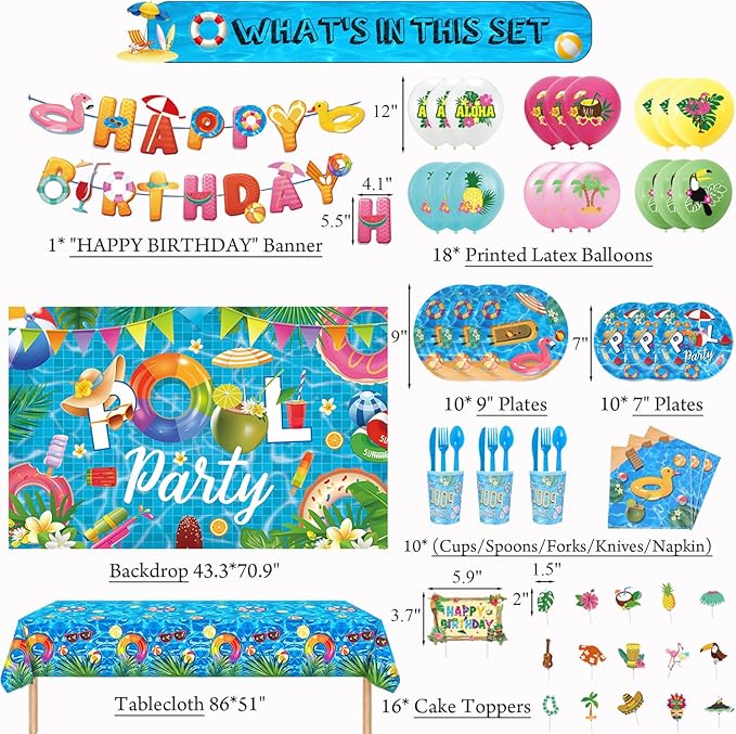 117Pcs Summer Pool Themed Happy Birthday Party Decorations Plates