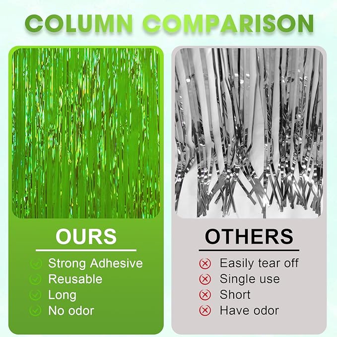 Voircoloria 3 Pack 3.3x8.2 Feet Neon Green Foil Fringe Backdrop