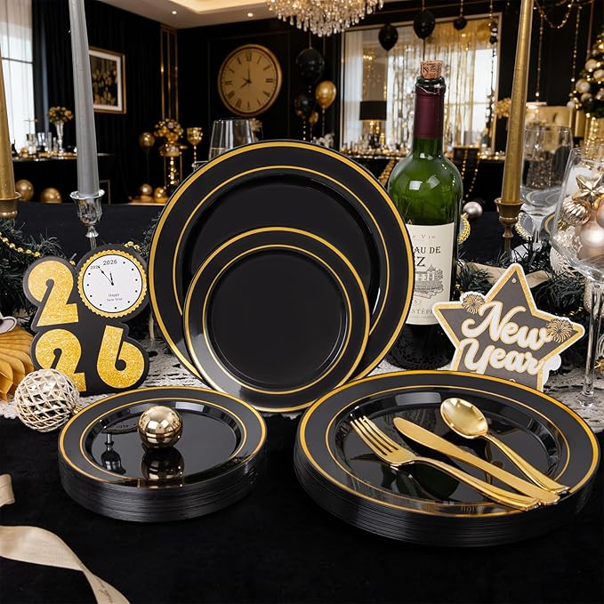 350 Pieces Black and Gold Plastic Plates with Disposable Silverware,