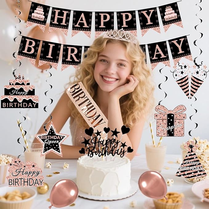 Rose Gold Birthday Decor Kit for Girls Women Backdrop Sparkle Crown