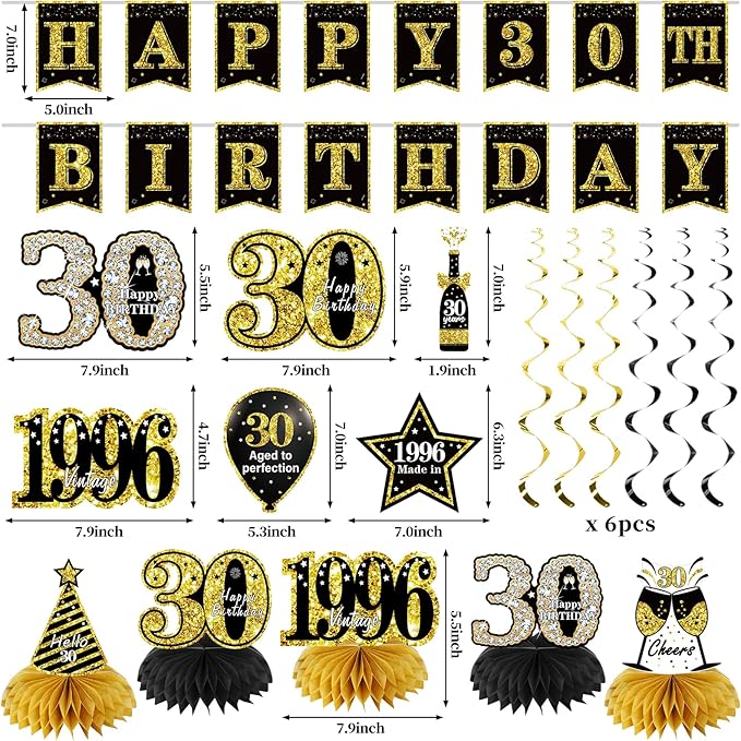 30th Birthday Decorations for Men Women 21pcs the Year 1996 Banner
