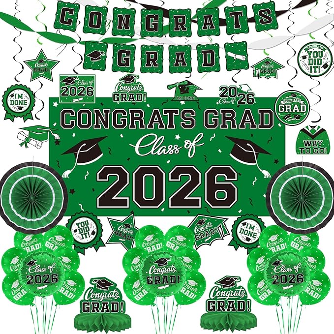Green Themed 2026 Graduation Decorations Set - Congrats Grad Banner,