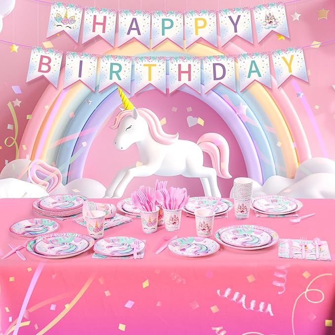 171Pcs Unicorn Birthday Party Supplies with Plates Cups Napkins