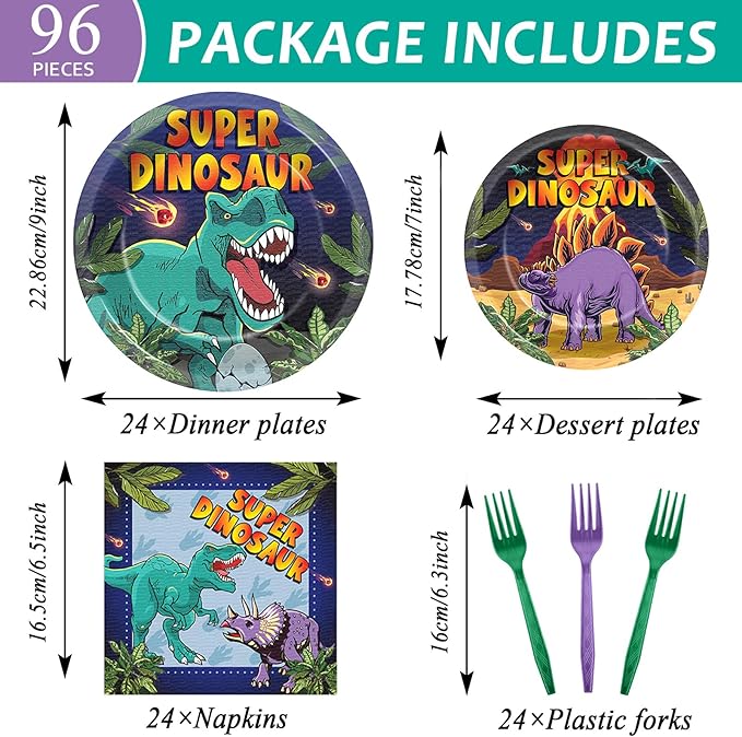 96 Pcs Super Dinosaur Plates and Napkins for Dinosaur Birthday Party