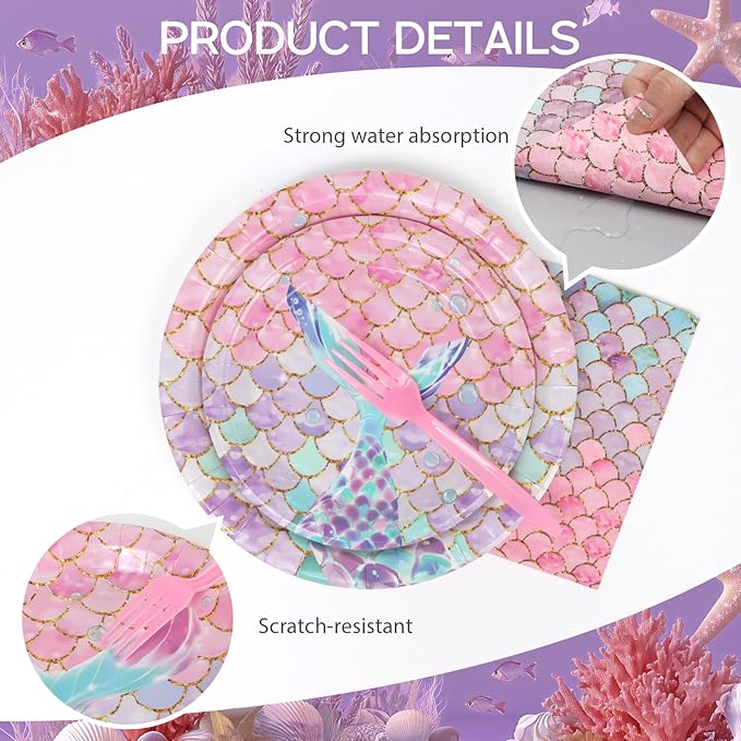 96Pcs Mermaid Plates and Napkins Party Supplies Mermaid Fishtail