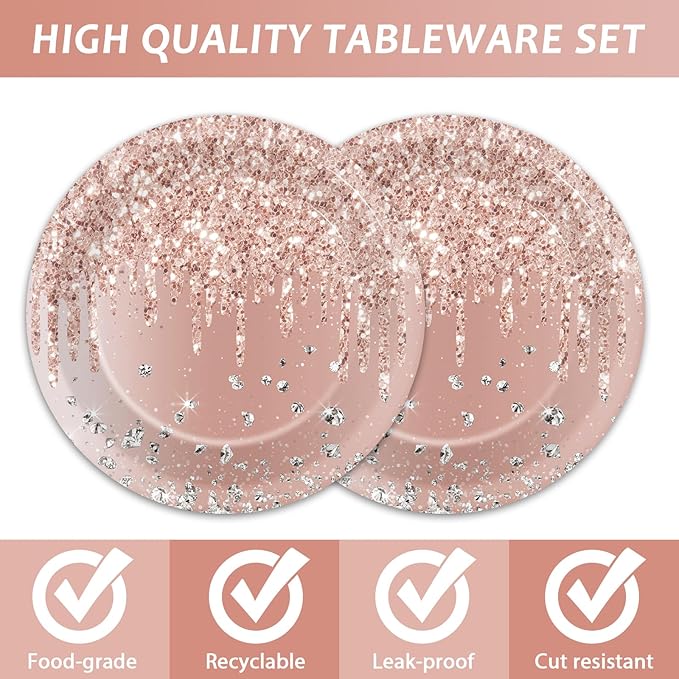 48 PCS Rose Gold Birthday Plates Pink Rose Gold Paper Dinner Dessert