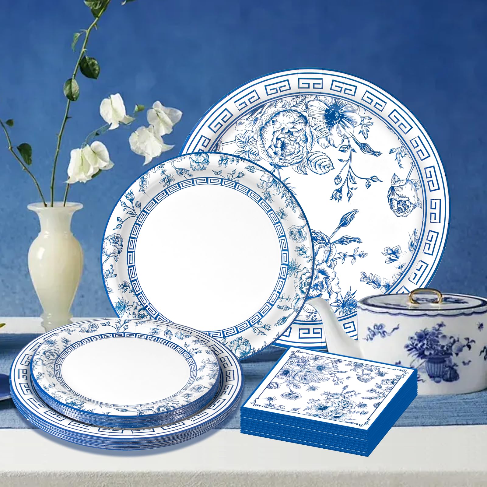 60Pcs Blue White Floral Party Supplies,Blue and White Floral Paper