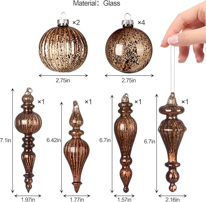DN DECONATION Mercury Glass Christmas Ornaments, 10pcs Vintage Brown