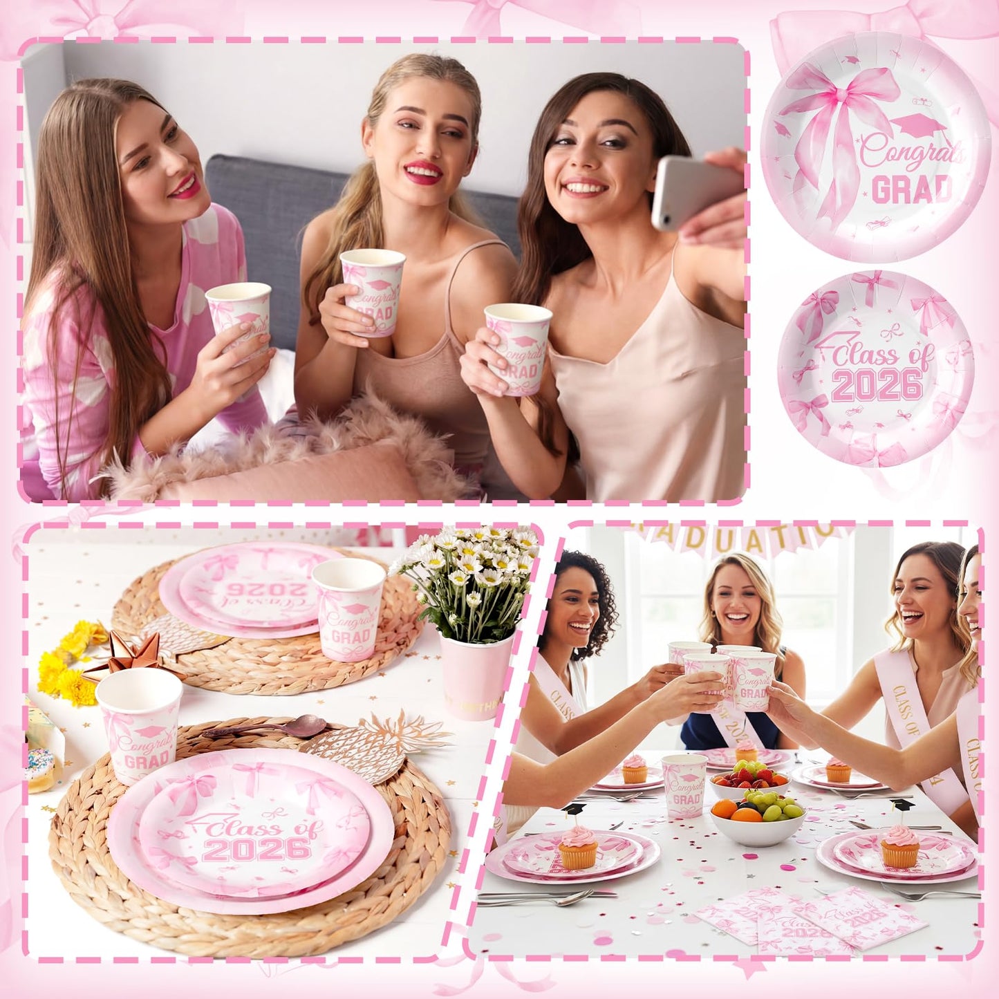 Hsei 250 Pcs Pink Graduation Disposable Plates and Napkins Bow