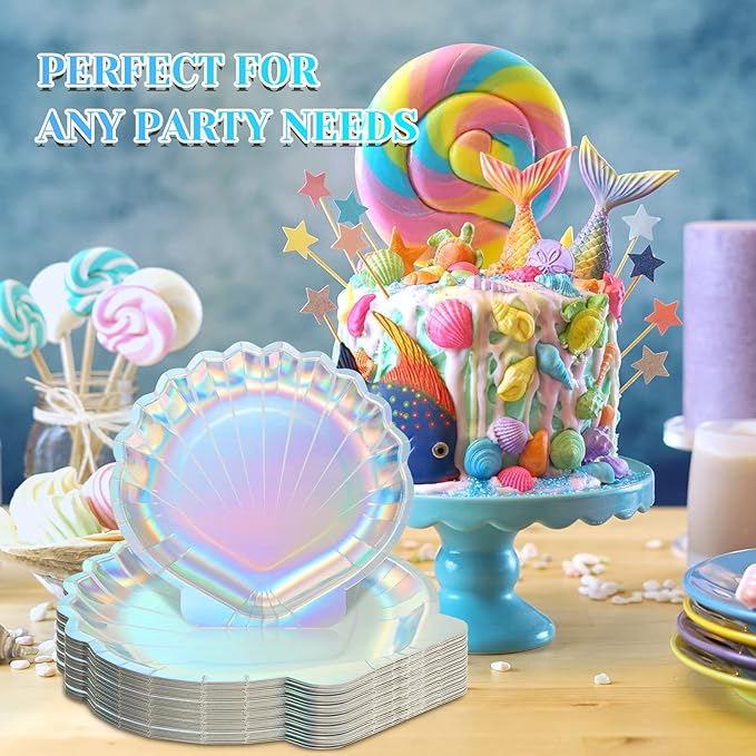 96 Pcs Iridescent Paper Plates 7 Inch Mermaid Seashell Paper Plates
