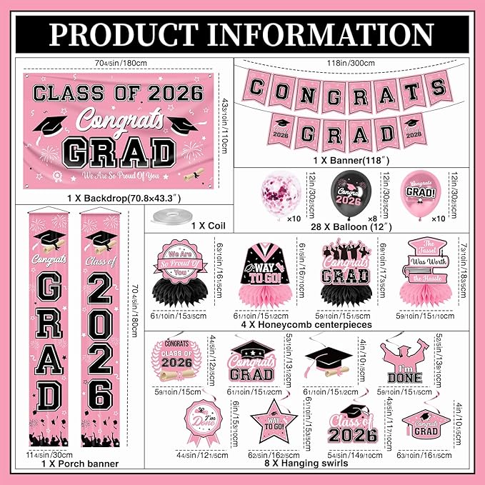 Graduation Decorations 2026 Pink Graduation Party Decor Set include