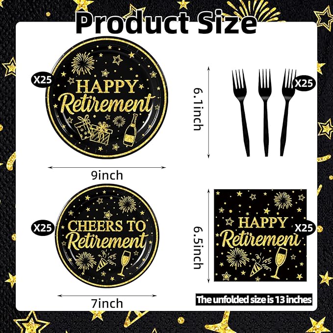 100 Pcs Happy Retirement Tableware Party Supplies Set Serves 25