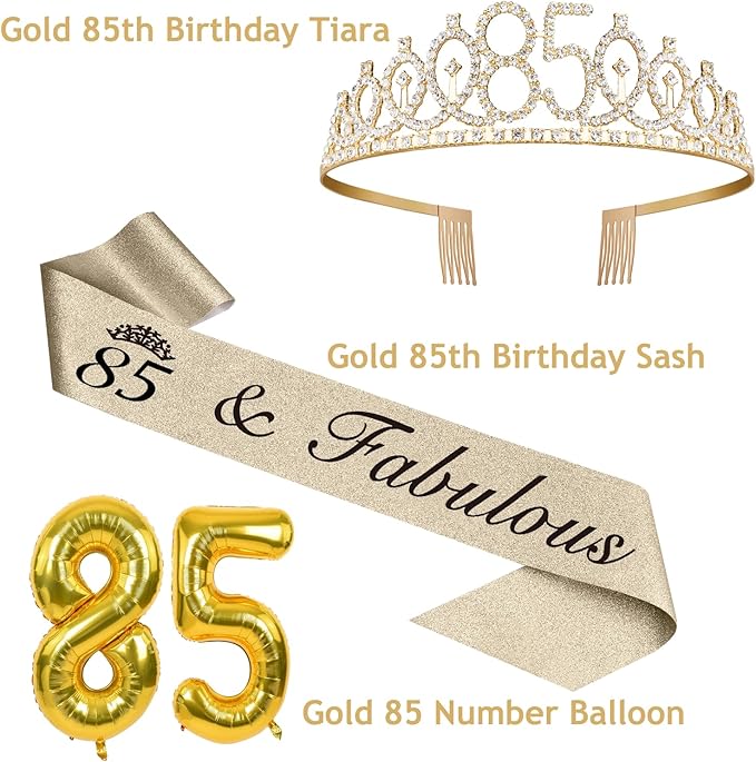 85th Birthday Decorations for Women Gold with 85th Birthday Sash and