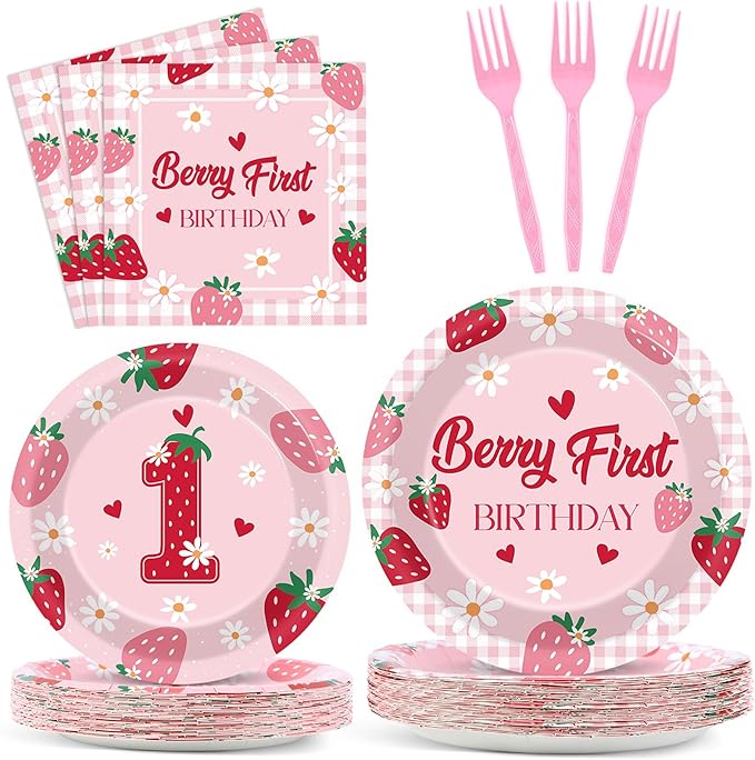 96 Pcs Strawberry 1st Birthday Party Plates Strawberry 1th Theme