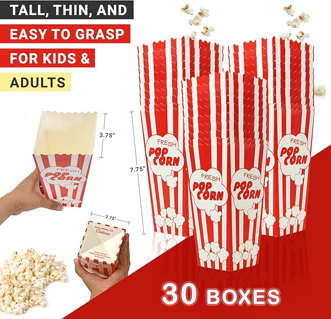 30 Movie Night Popcorn Paper Boxes Buckets 7.75 Inches Tall Large