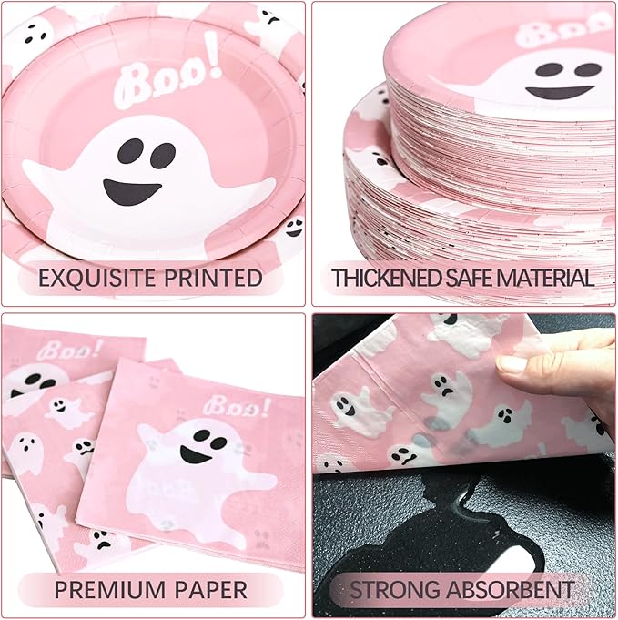 180Pcs Halloween Party Supplies Serve 60 Pink Ghost Paper Plates and
