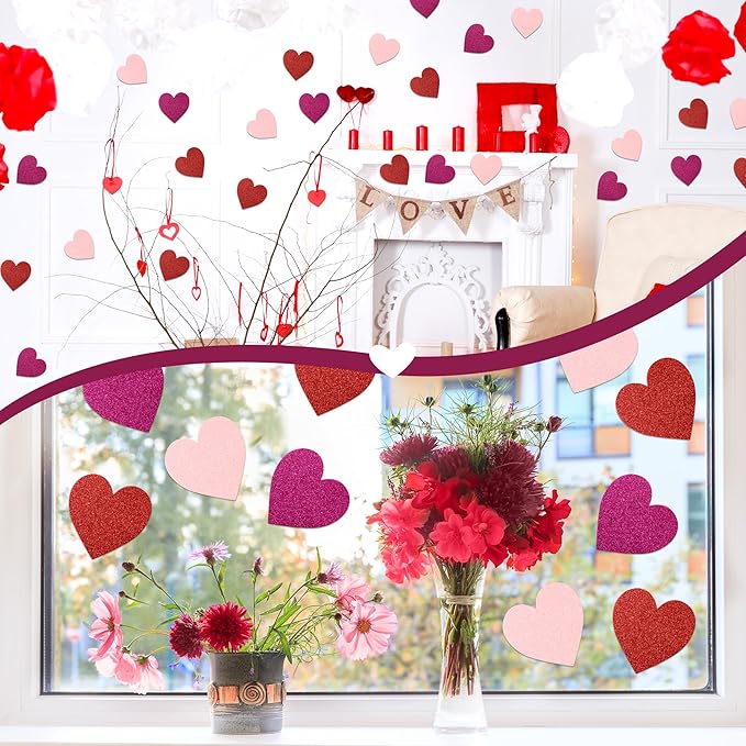 Valentine's Day Glitter Heart Cutouts 100Pcs Valentine Red Purple