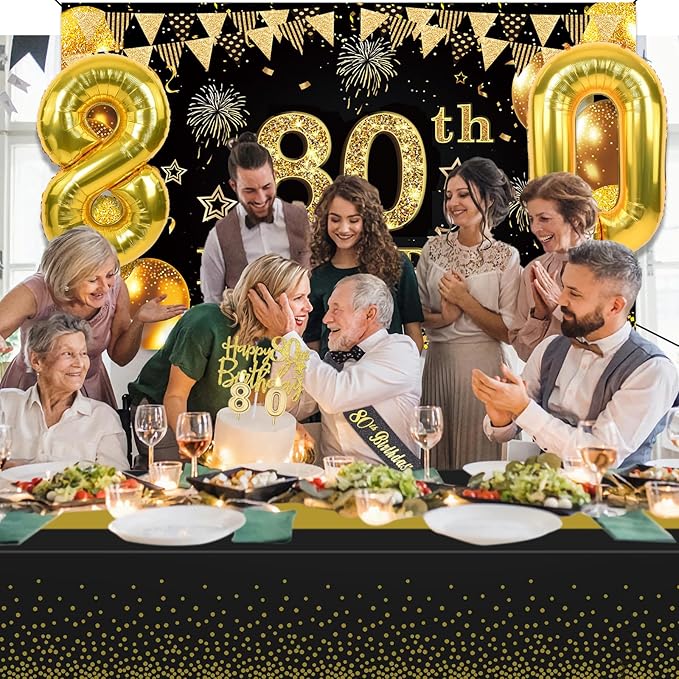 80th Birthday Decorations Men Women with 80th Birthday Banner Black