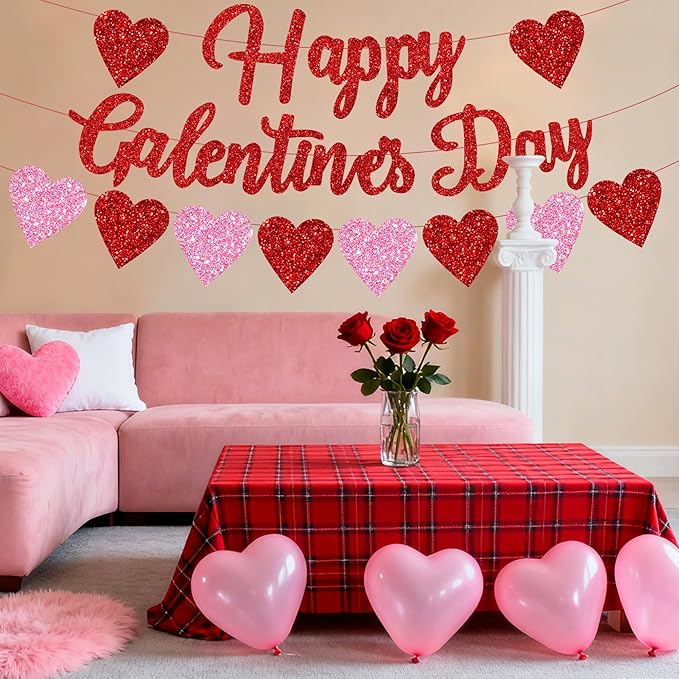 Happy Galentine's Day Banner with Red Pink Glitter Hearts for Home