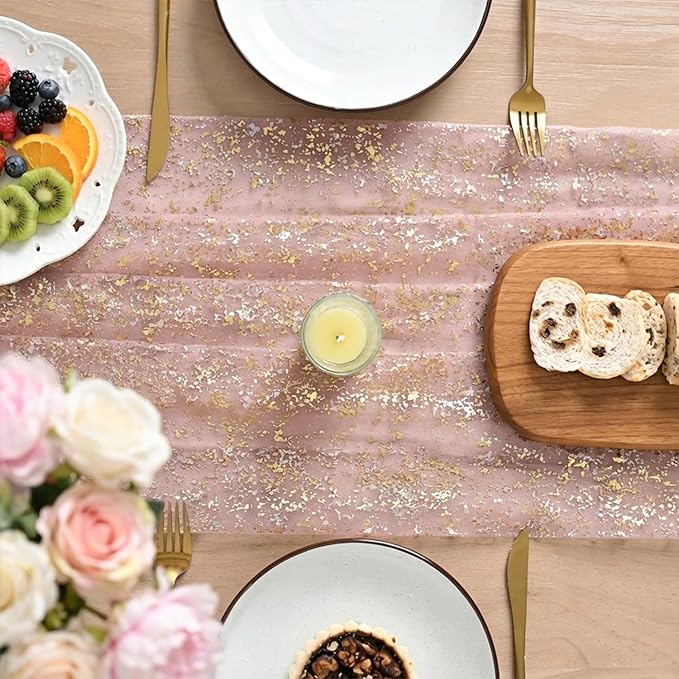 Artoid Mode Gold Gauze Pink Table Runner 120 Inch 10FT, Glitter