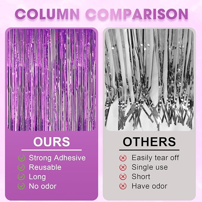 Voircoloria 3 Pack 3.3 x 8.2 ft Laser Purple Foil Fringe Backdrop