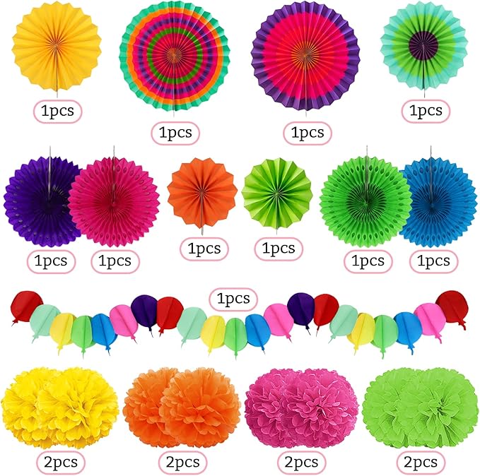 Fiesta Party Decorations, Multicolored Paper Pompoms Fan Garlands for