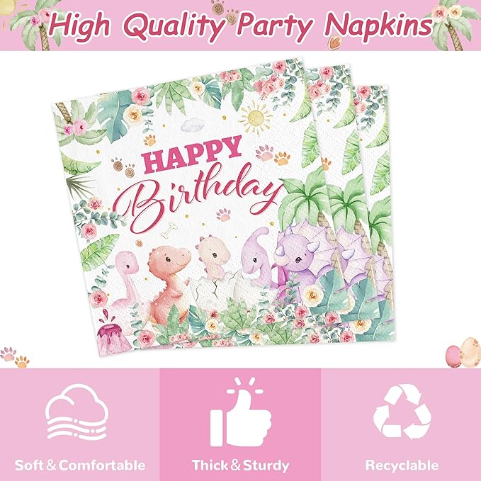 168PCS Dinosaur Party Supllies for Girls Pink Cartoon Dino Birthday