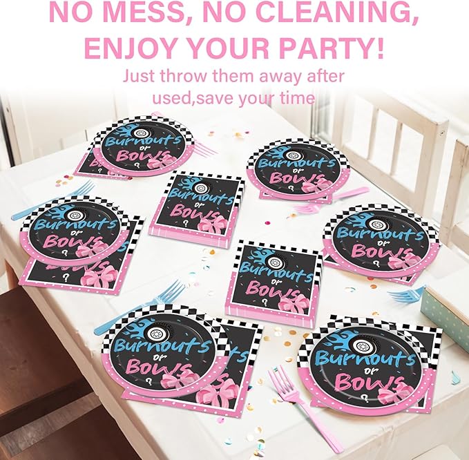 50 Guests Burnouts or Bows Gender Reveal Plates and Napkins Party