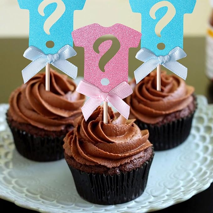 24 Pack Gender Reveal Cupcake Toppers Glitter Onesie Question Mark