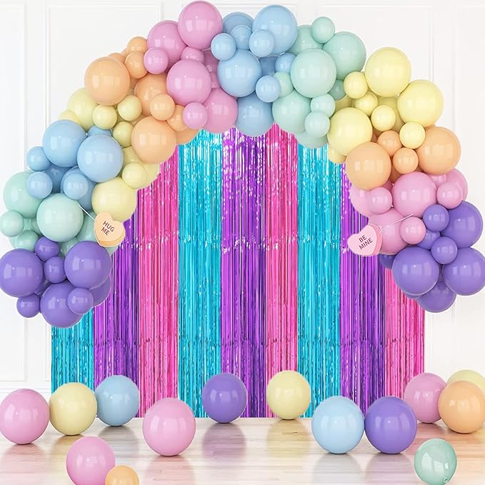 Voircoloria 3 Pack 3.3 x 8.2 ft Blue Purple Pink Foil Fringe Backdrop