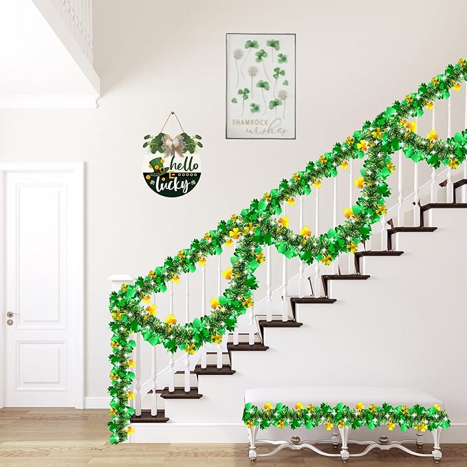 50FT St Patrick's Day Tinsel Garland Green Gold Shamrock Hat Tinsel