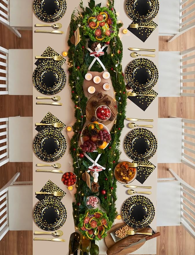 Nkaiso 141 Pieces Black Gold Party Supplies, Disposable Party