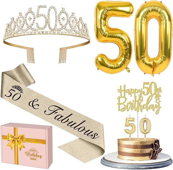 50th Birthday Decorations for Women Gold with 50th Birthday Sash and
