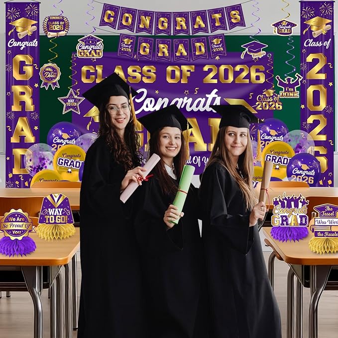Graduation Decorations 2026 Purple and Gold Graduation Party Decor
