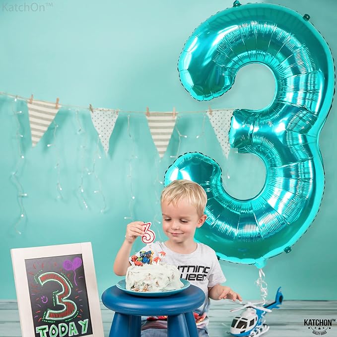 KatchOn, Teal Number 3 Balloon - Large, 40 Inch | Teal Blue 3 Balloon