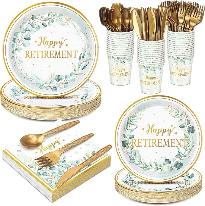 252 Pcs Sage Green Retirement Party Tableware Set Happy Retirement
