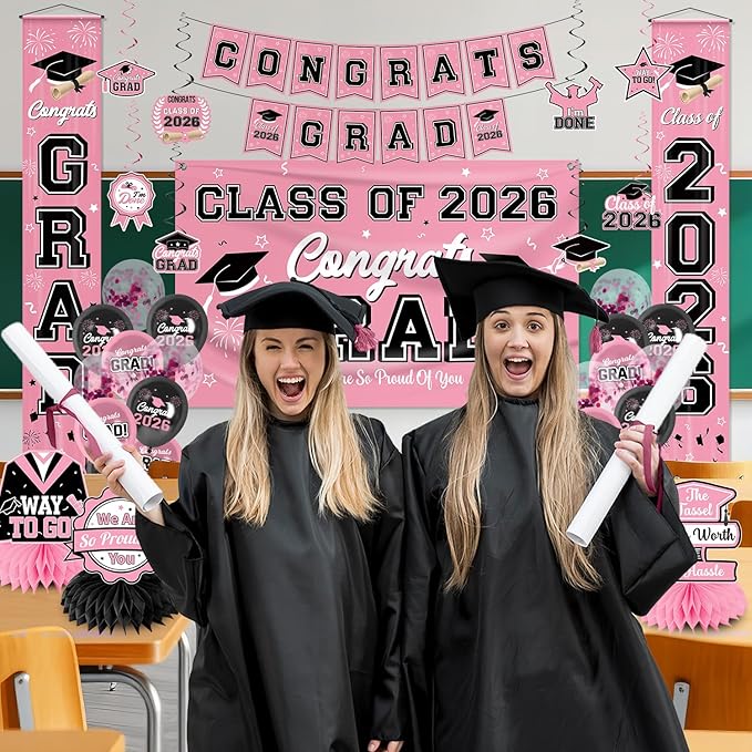 Graduation Decorations 2026 Pink Graduation Party Decor Set include