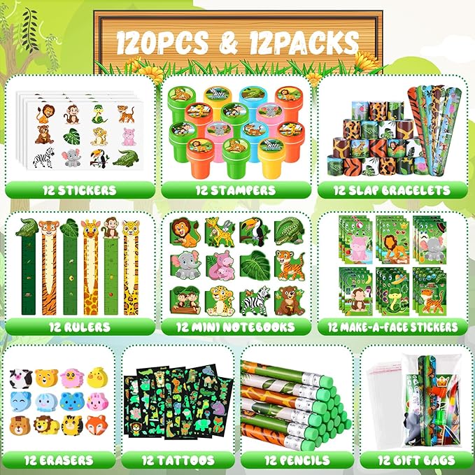 120Pcs Jungle Safari Party Favors Zoo Animals Sticker Stampers Slap