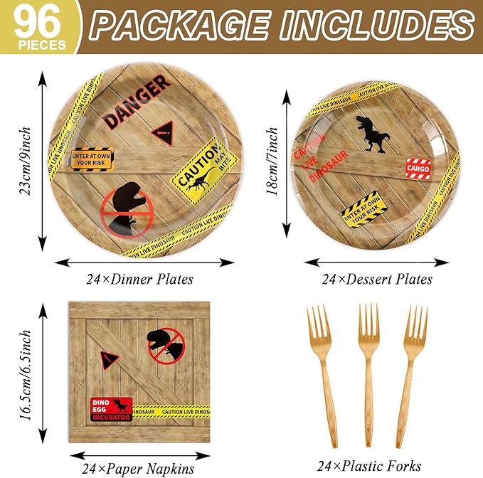96Pcs Dinosaur Birthday Party Plates and Napkins Forks Dinosaur