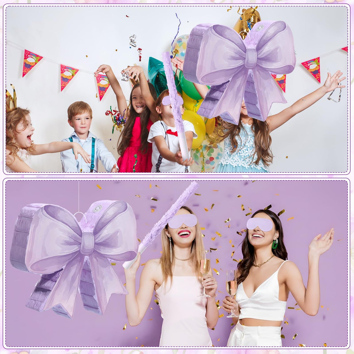 Threan Bow Piñata Bow Party Piñata with Bat Stick Blindfold Mask Purpl