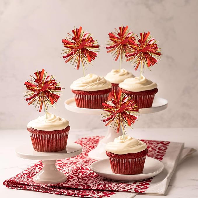 Gyufise 30Pcs Foil Firework Cupcake Toppers Sparkle Tinsel Cake #13